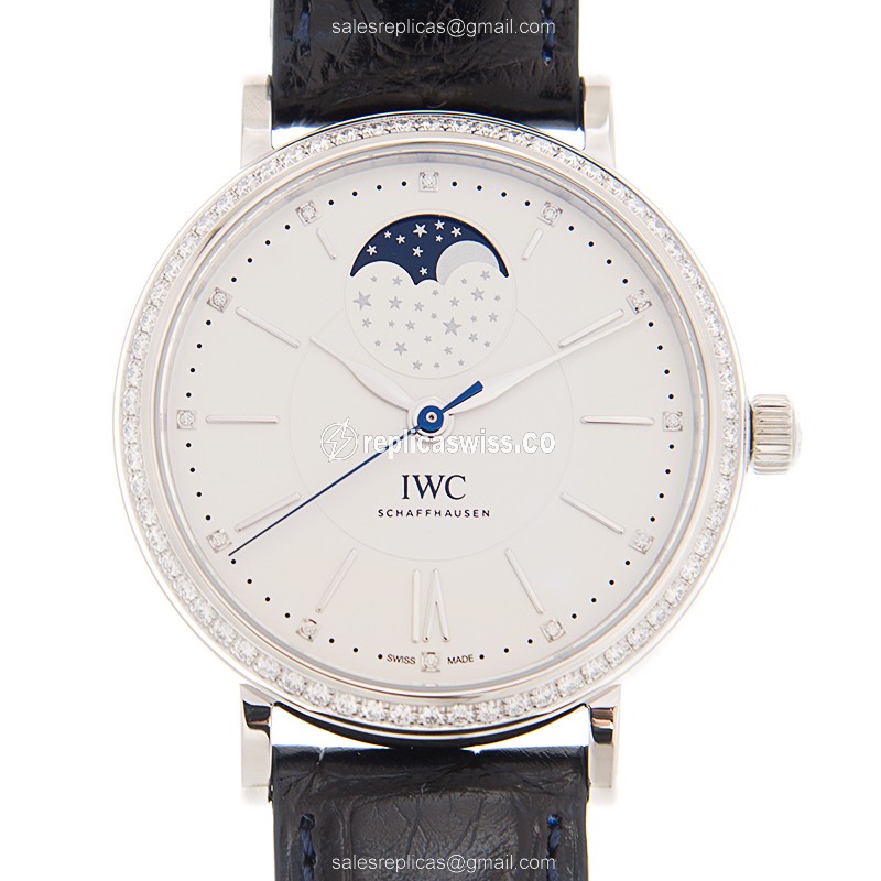 IWC Portofino Replica - Automatic - Stainless Steel & Diamond Case - Silver Dial - Blue Alligator Strap