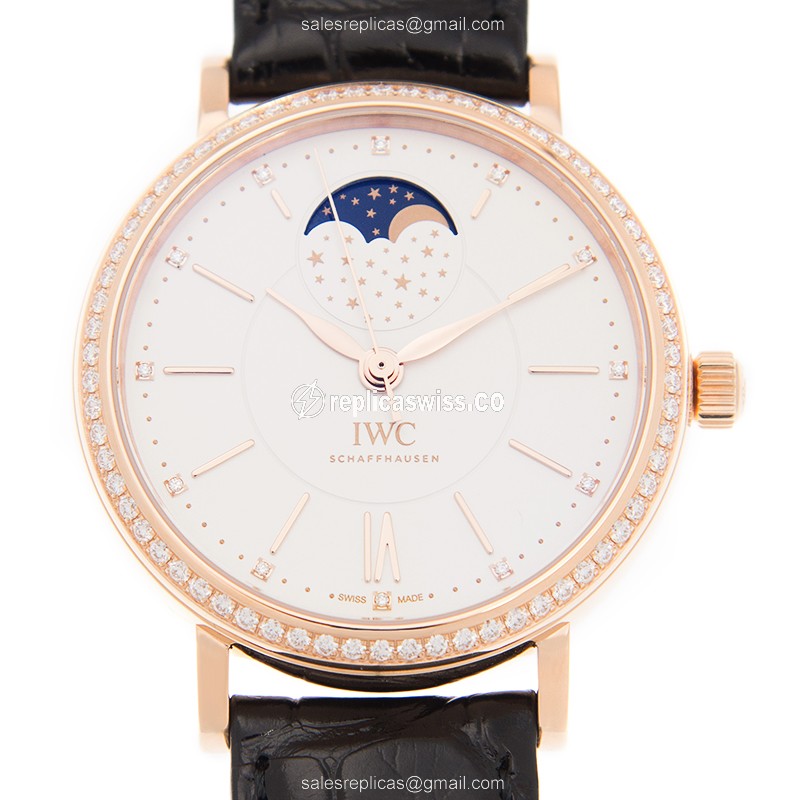 IWC Portofino Replica - Automatic 18kt Rose Gold - Diamond Accents - White Dial - Alligator Black Strap
