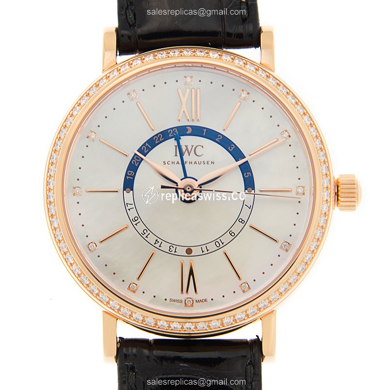 IWC Portofino Replica - Automatic - 18kt Rose Gold & Diamond Case - White Dial - Alligator Black Strap