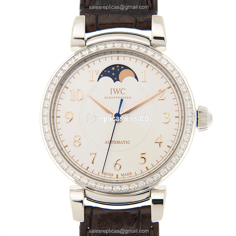 IWC W459307 DA VINCI Replica - Automatic - Stainless Steel Case & Diamonds - Silver Dial - Brown Alligator Strap - Luxury Replica DA VINCI Watch