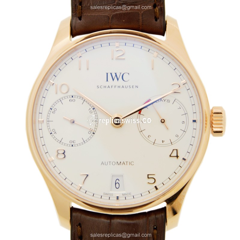 IWC Portuguese IW500701 Replica - Automatic 18kt Gold - White Dial, Brown Alligator Strap
