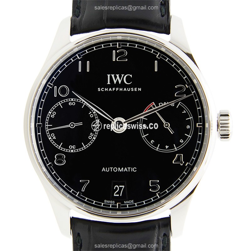 IWC Portuguese Automatic - Stainless Steel Case - Black Dial - Alligator Black Strap - Luxury Replica PORTUGUESE Watch
