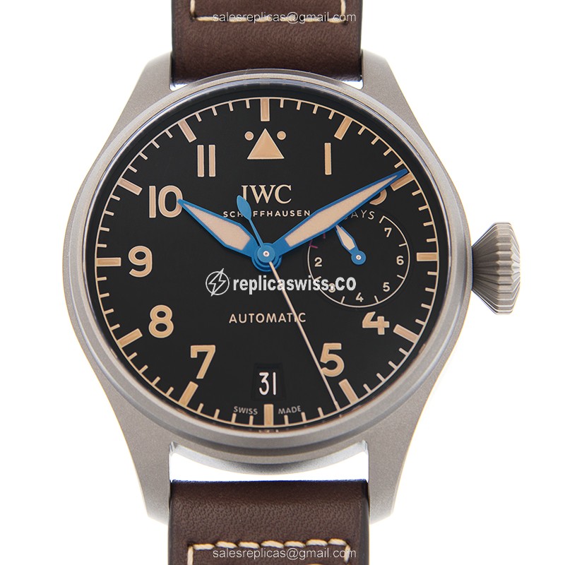 IWC PILOTS Replica - Automatic - Titanium - Black - Brown Cowhide - Clasp - Luxury Replica PILOTS Watch