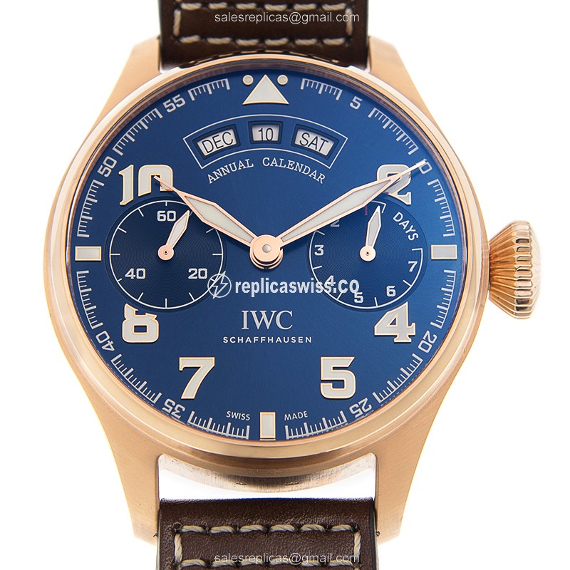 IWC PILOTS Rolex Replica - Automatic 18kt Gold - Blue Dial - Brown Cowhide Strap - Luxury Replica PILOTS Watch