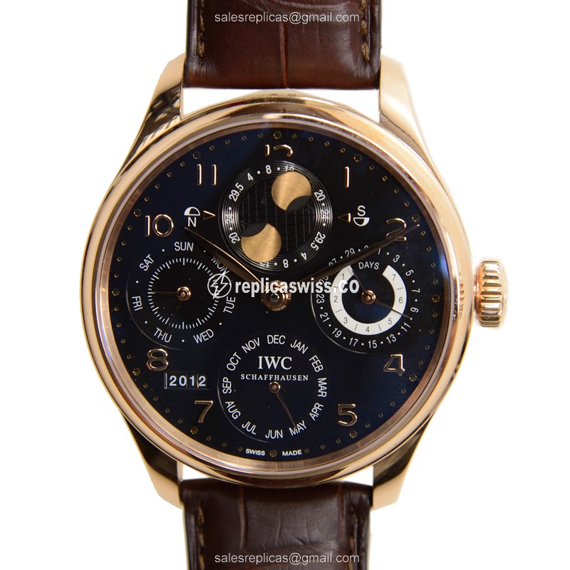 IWC Portuguese Replica - Automatic 18kt Rose Gold - Black Dial - Brown Alligator Strap
