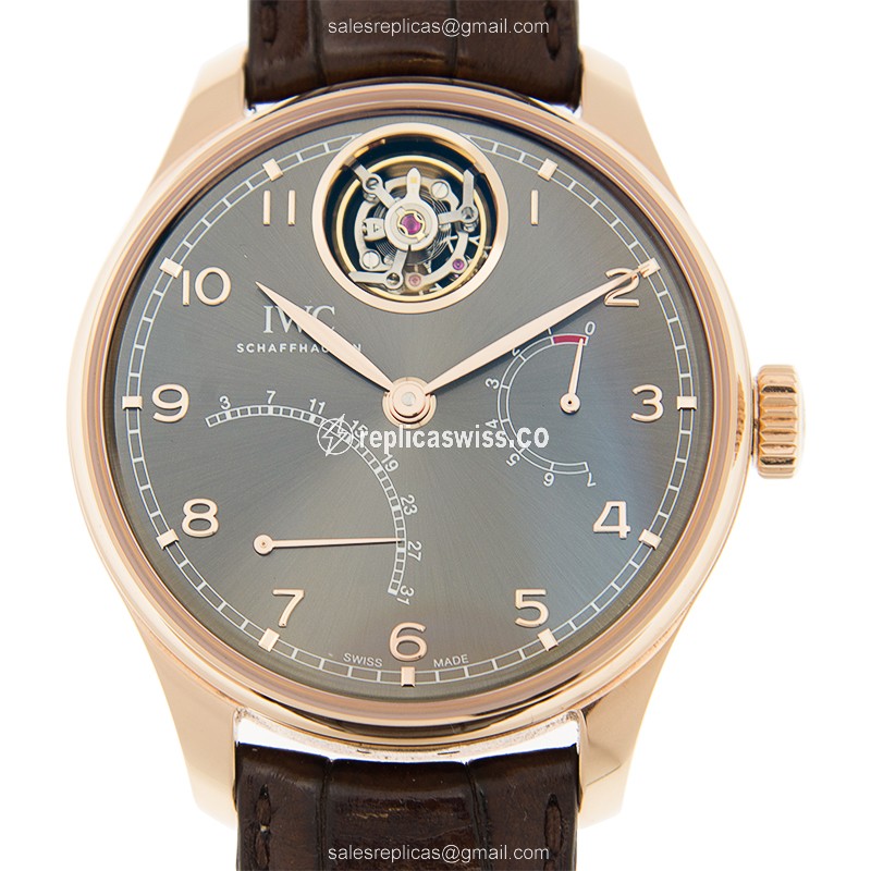 IWC Portuguese Replica - Auto - 18kt Rose Gold - Grey Dial - Brown Alligator Clasp