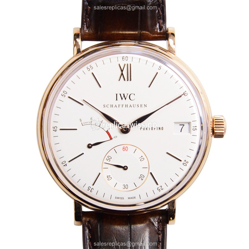 IWC Portofino Manual Wind - 18kt Rose Gold Case - White Dial - Brown Alligator Strap - Buckle Clasp