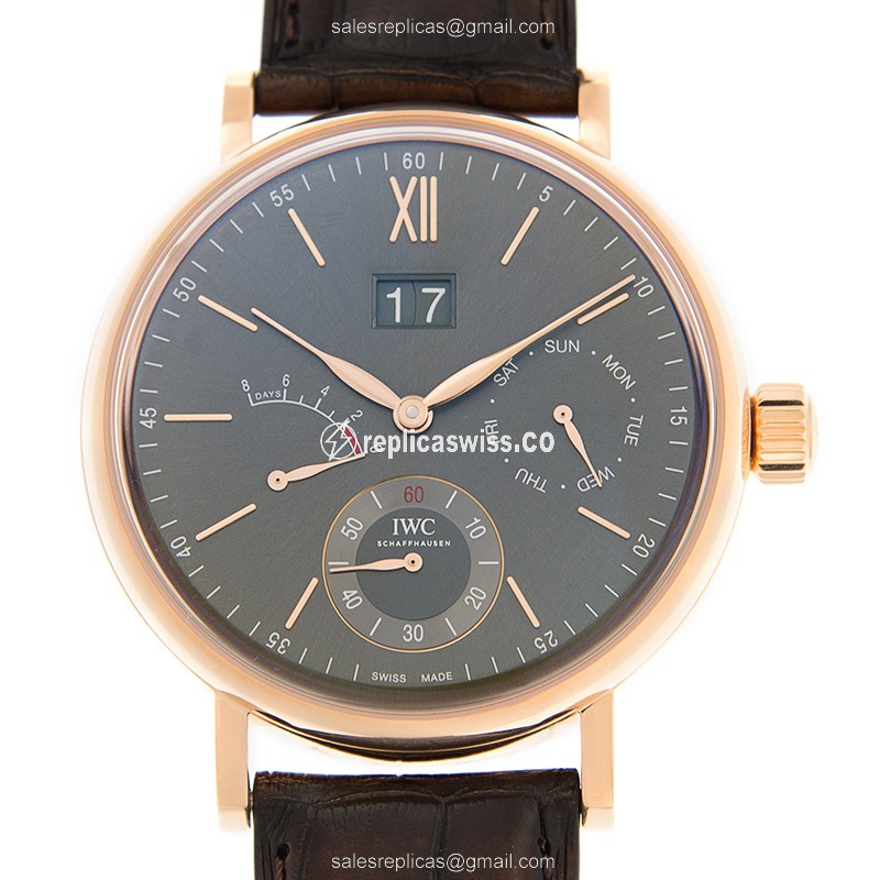 IWC Portofino Replica - Manual Wind - 18kt Rose Gold - Dark Grey Dial - Brown Alligator Strap