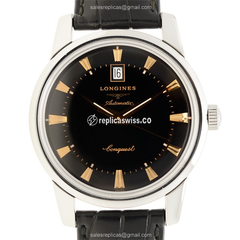 Longines Heritage Replica - Automatic - Steel Case - Black Dial on Black Alligator Strap - Luxury  Watch