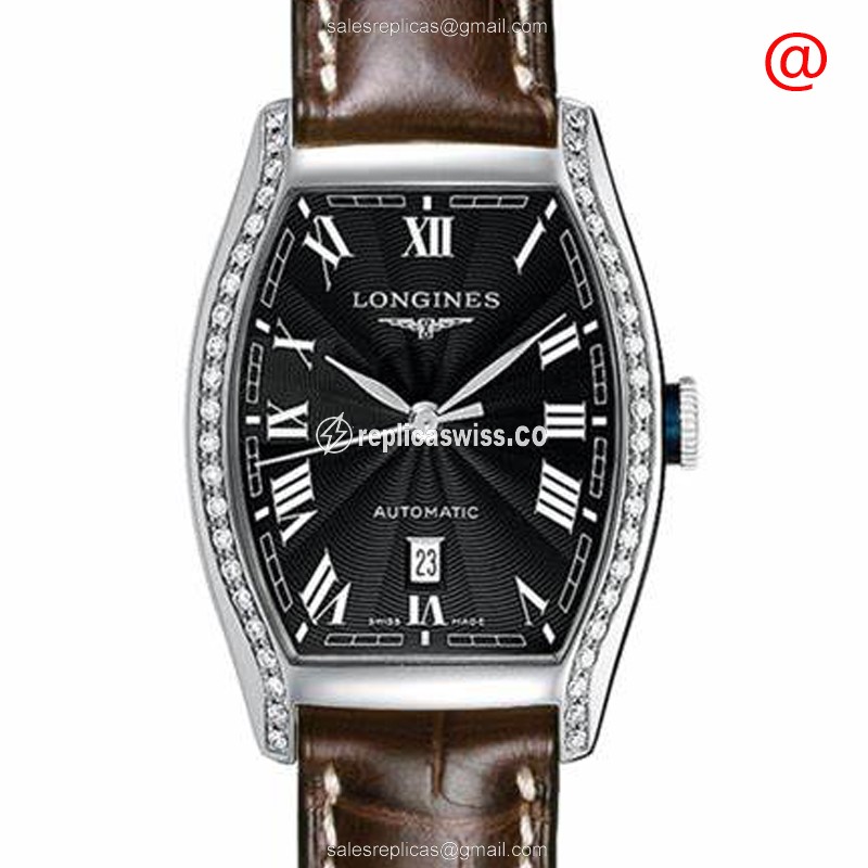 Longines EVIDENZA Replica - Automatic - Diamond Case - Black Dial - Brown Alligator Strap - Luxury Replica EVIDENZA Watch