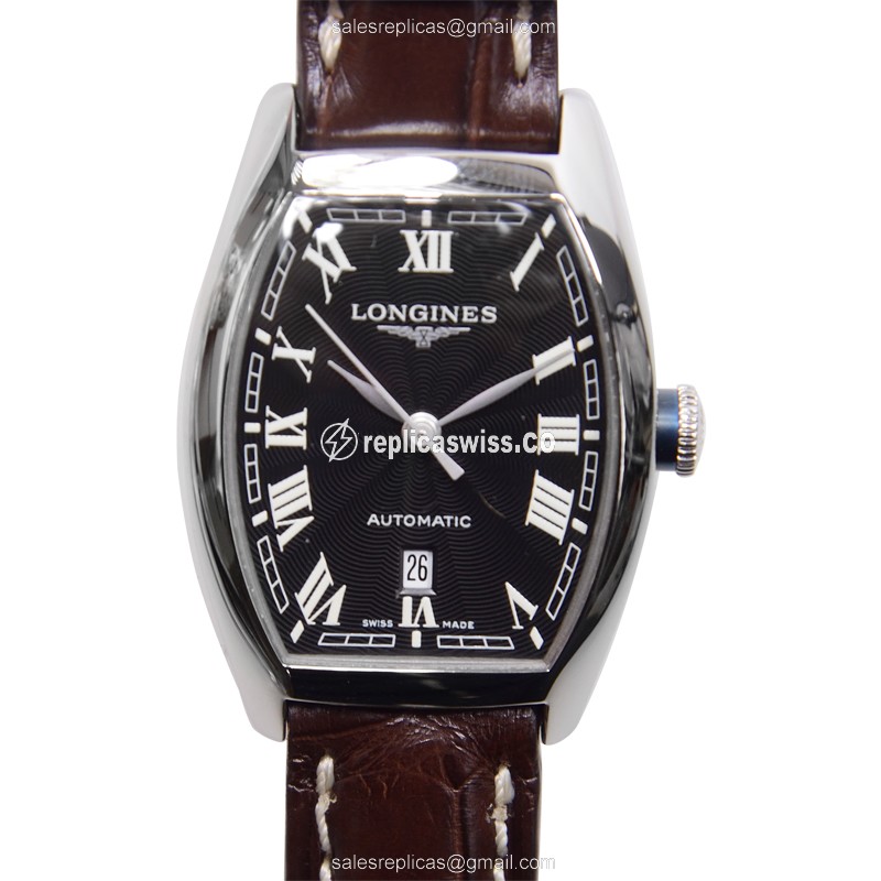 Longines EVIDENZA Automatic - Steel Case, Black Dial, Brown Leather Strap - Luxury Replica EVIDENZA Watch