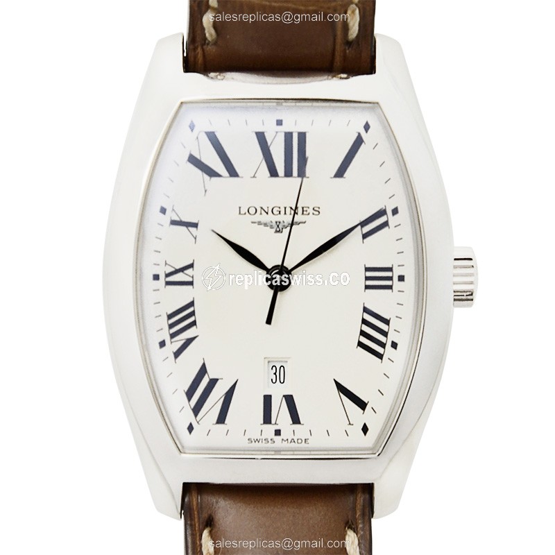 Longines EVIDENZA Quartz - Steel Case, White Dial - Brown Alligator Strap - Luxury Replica EVIDENZA Watch