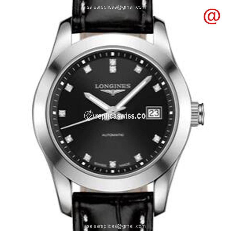 Longines CONQUEST CLASSIC - Automatic - Steel - Black Dial - Alligator Black Strap - Buckle Clasp - Luxury Replica CONQUEST CLASSIC Watch