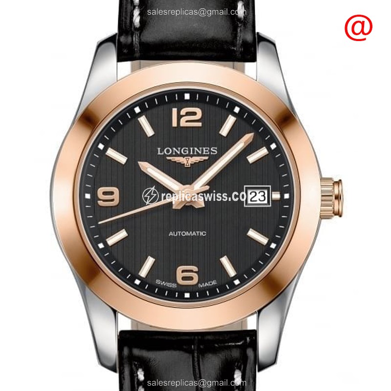 Longines CONQUEST Classic Replica - Auto - 18kt Rose/Steel - Black Dial - Alligator Black - Luxury Replica CONQUEST CLASSIC Watch