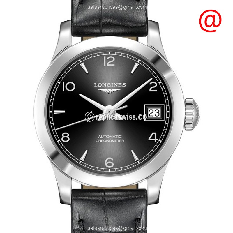 Longines RECORD Replica - Automatic - Stainless Steel - Black Dial, Leather Strap - Luxury Replica RECORD Watch