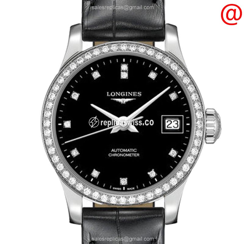Longines RECORD Replica - Automatic - Steel Case - Black Dial on Black Alligator Strap - Luxury Replica RECORD Watch