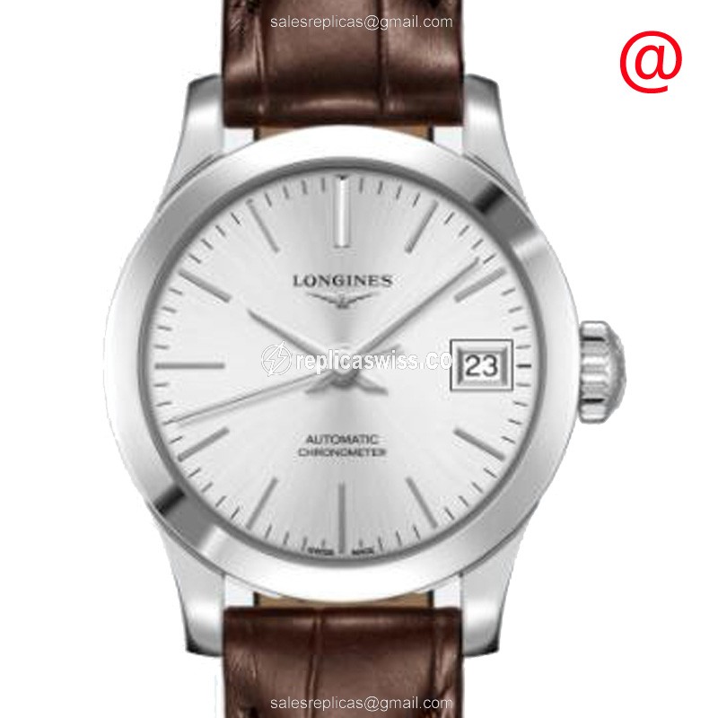 Longines RECORD Replica - Automatic | Stainless Steel | Silver Dial | Brown Alligator Strap - Luxury  Watch