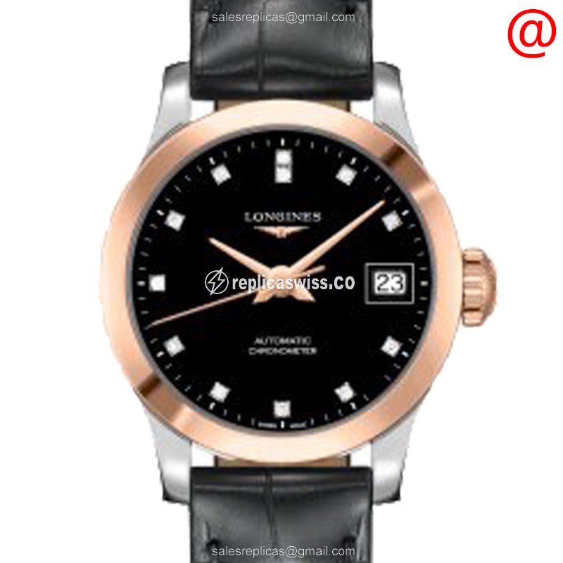 Longines RECORD Replica - Automatic - 18kt Rose Gold - Black Dial, Alligator Strap
