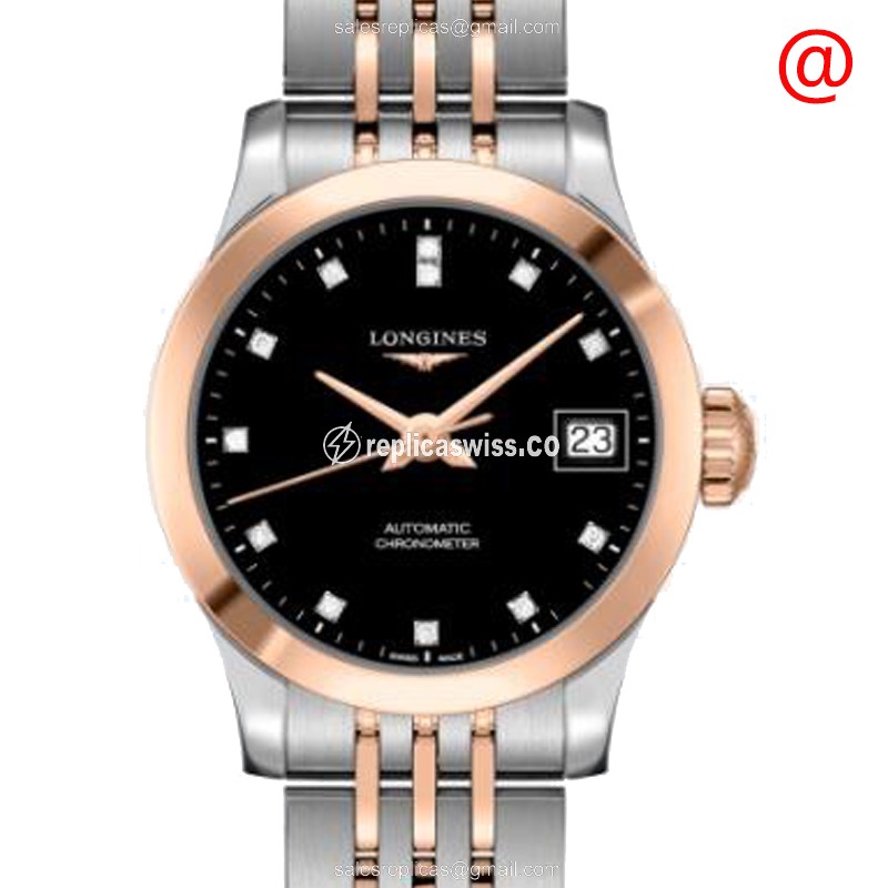 Longines RECORD Replica - Automatic - 18kt Rose Gold & Steel Case - Black Dial, Gold Strap - Luxury Replica RECORD Watch