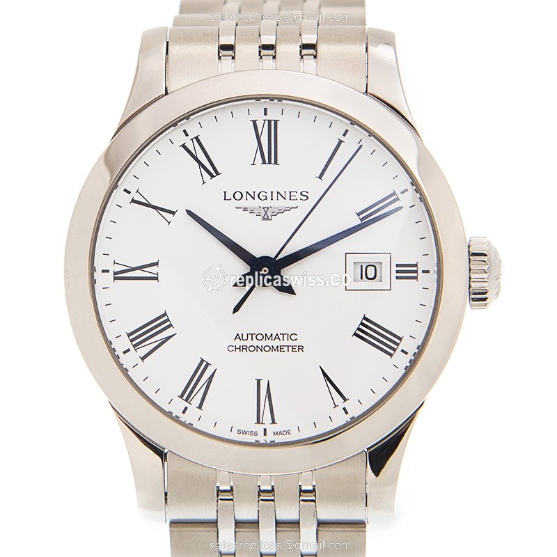 Longines RECORD Replica - Automatic - Steel Case - White Dial, Silver Clasp & Steel Strap - Luxury Replica RECORD Watch