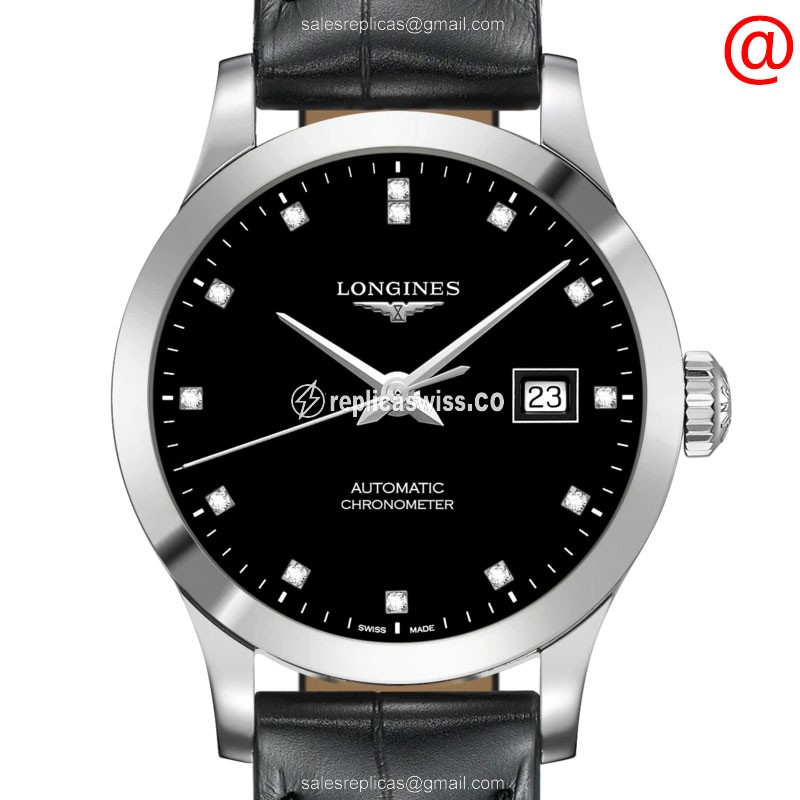 Longines RECORD Replica - Automatic - Black Dial - Steel Case - Black Alligator Strap - Luxury Replica RECORD Watch