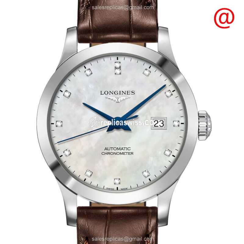 Longines RECORD Replica - Automatic | Steel Case | White Dial | Brown Alligator Strap