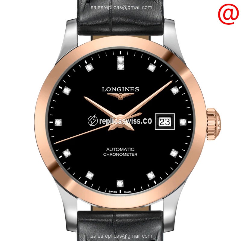 Longines RECORD Replica - Automatic - 18kt Rose Gold/Steel - Black Dial, Alligator Strap
