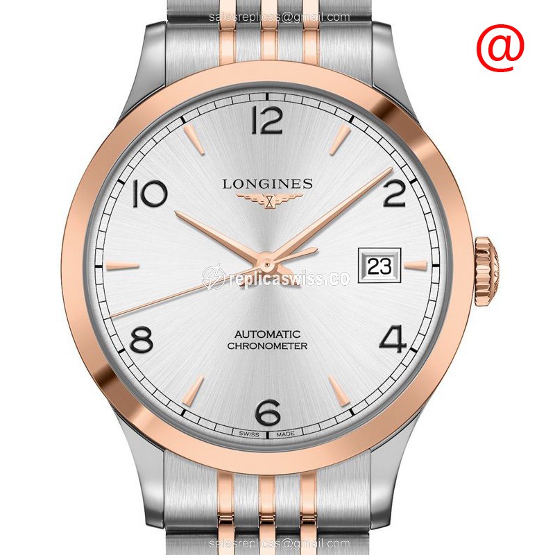 Longines RECORD Replica - Automatic - 18kt Rose Gold & Steel - Silver Dial - Gold Strap - Luxury Replica RECORD Watch