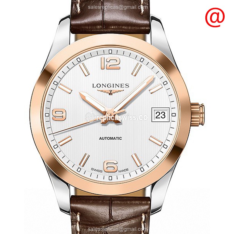 Longines Conquest Classic Replica - Automatic - Rose Gold - White Dial - Brown Alligator - Luxury Replica CONQUEST CLASSIC Watch