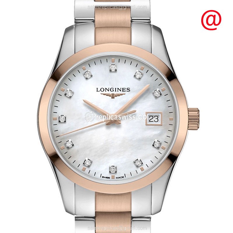 Longines CONQUEST CLASSIC Replica - Quartz - 18kt Rose Gold Case - Silver Dial - Gold Steel Strap - Luxury Replica CONQUEST CLASSIC Watch