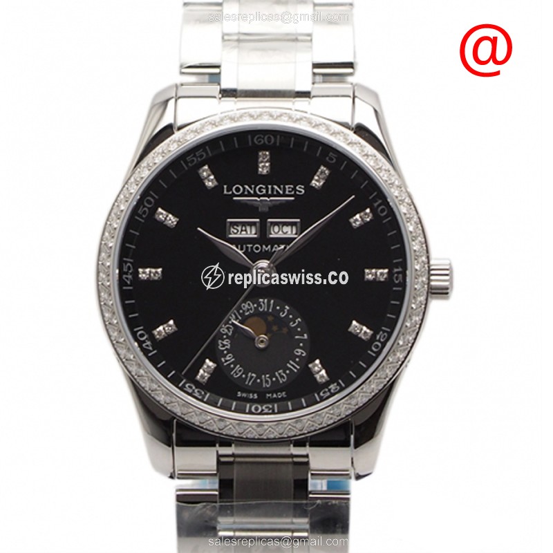Longines L2.503.0.57.6 Replica - Automatic - Diamond Case - Black Dial, Silver Clasp