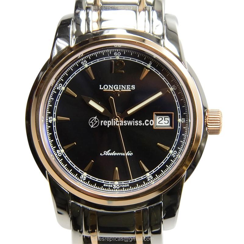 Longines L2.563.5.59.7 SAINT IMIER Replica - Automatic - 18kt Rose Gold Case - Black Dial on Silver Strap