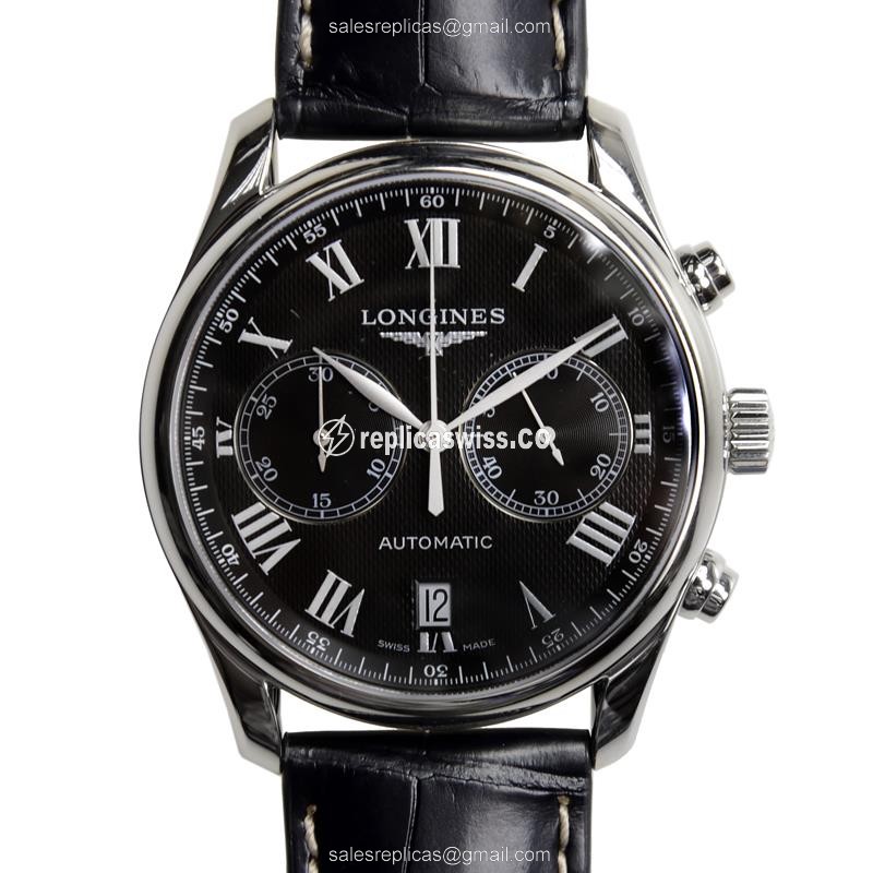 Longines L2.629.4.51.7 Replica - Automatic - Stainless Steel Case - Black Dial on Black Alligator Strap