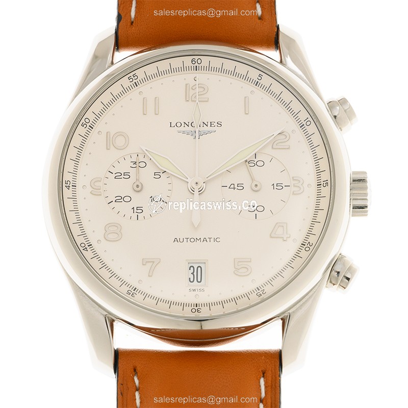Longines L2.629.4.73.2 Replica - Automatic - Steel Case - Silver Dial, Brown Leather Strap