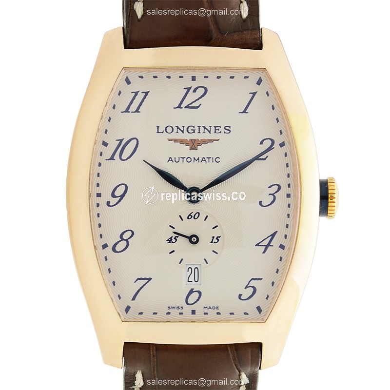 Longines EVIDENZA Replica - 18kt Rose Gold - Automatic - White Dial, Alligator Brown Buckle
