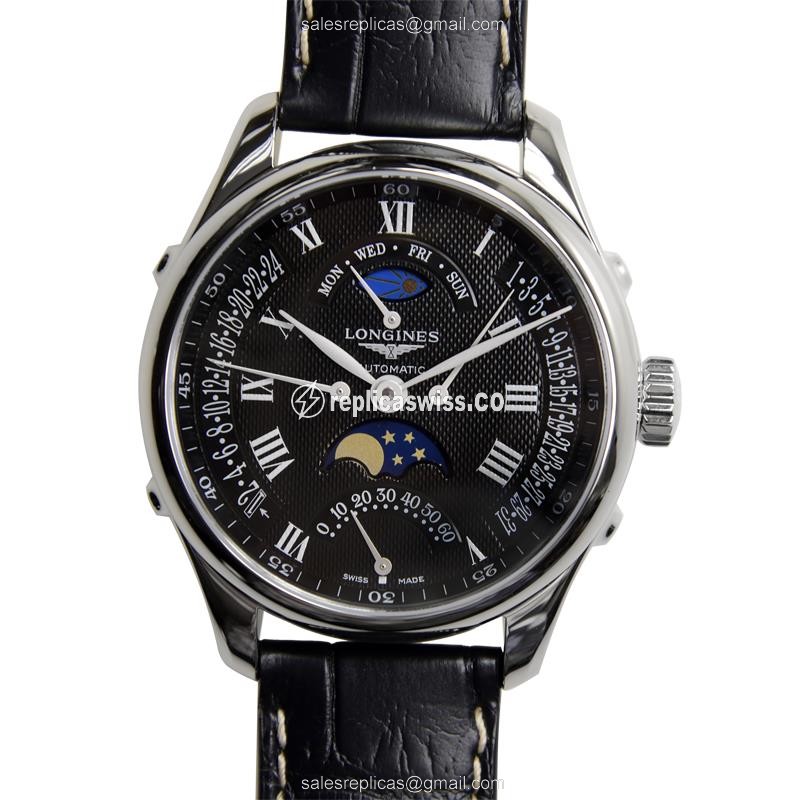Longines L2.738.4.51.7 Replica - Automatic - Steel Case - Black Dial, Alligator Strap - Luxury Replica MASTER Watch