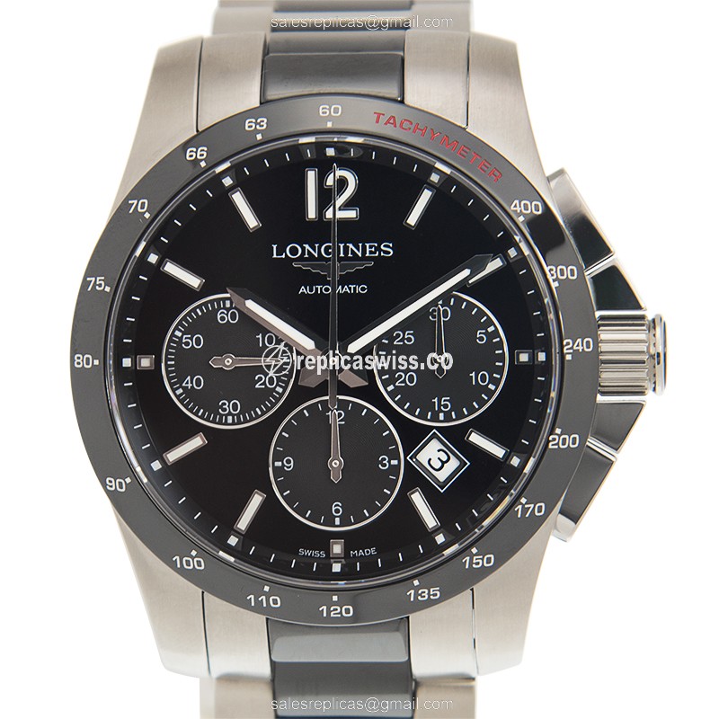 Longines Conquest Replica - Automatic - Ceramic Case - Black Dial - Silver Steel Strap
