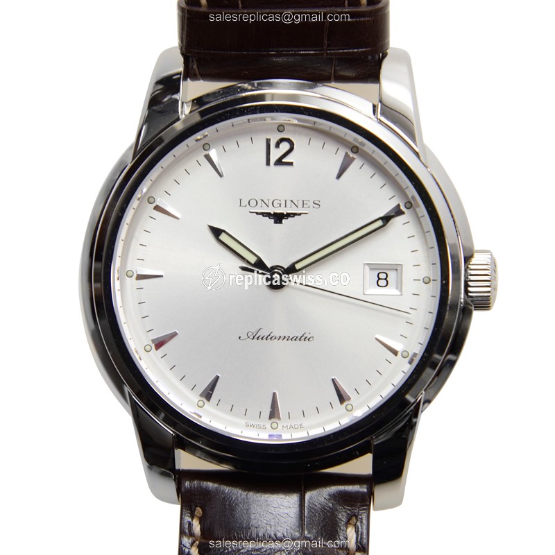 Longines Saint Imier Replica - Automatic - Silver Dial, Alligator Brown Strap