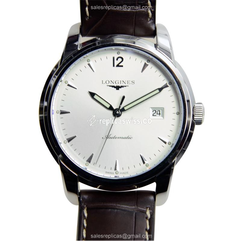 Longines L2.766.4.72.0 Replica - Automatic - Stainless Steel - Silver Dial, Brown Alligator Strap - Luxury Replica SAINT IMIER Watch