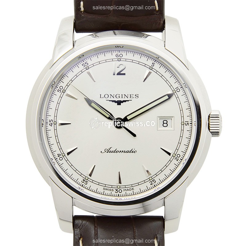 Longines Saint Imier Replica - Automatic - Steel Case - Silver Dial, Brown Alligator Strap