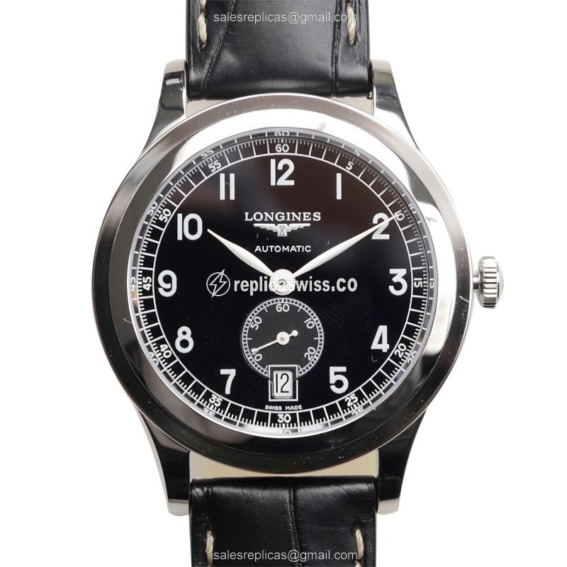 Longines Heritage Replica - Automatic - Stainless Steel - Black Dial - Alligator Black Strap - Luxury Replica HERITAGE Watch