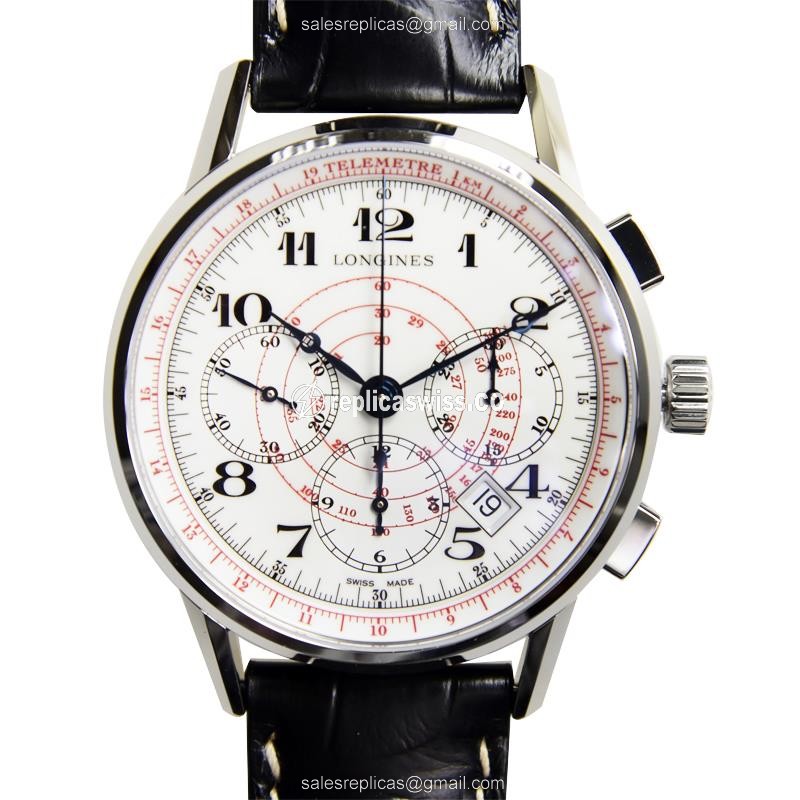 Longines Heritage Replica - Automatic - Stainless Steel - White Dial - Black Alligator Strap - Luxury Replica HERITAGE Watch