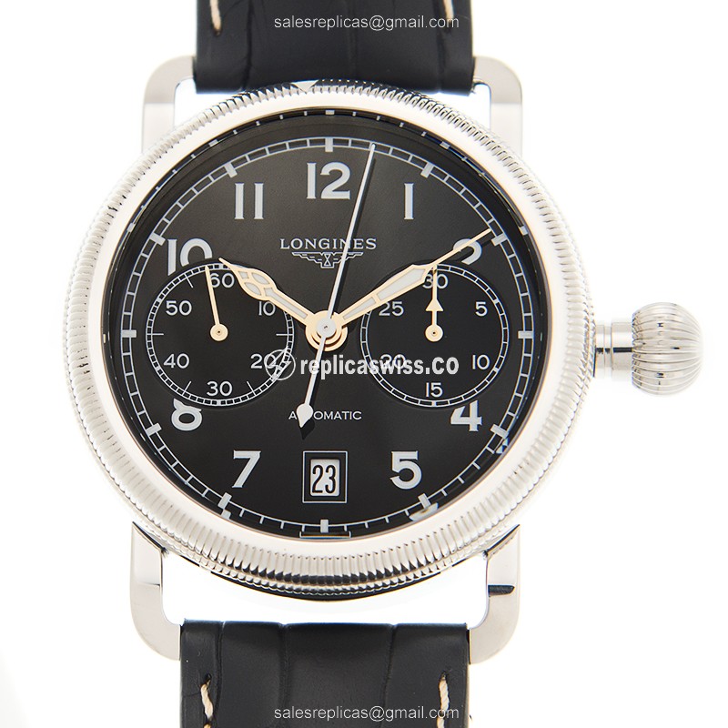 Longines Heritage Replica - Automatic | Stainless Steel | Black Dial | Alligator Strap, Buckle Clasp - Luxury Replica HERITAGE Watch