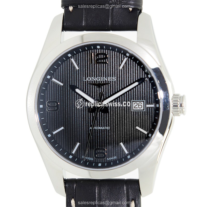 Longines CONQUEST Replica - Automatic - Steel Case - Black Dial on Black Alligator Strap