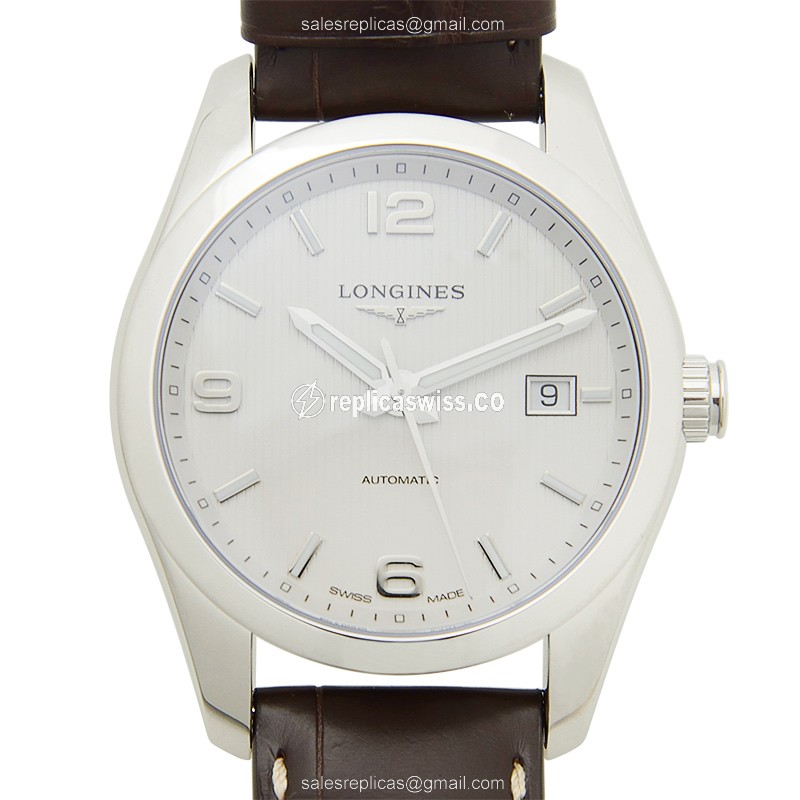 Longines CONQUEST Replica - Automatic - Stainless Steel - Silver Dial on Brown Leather - Luxury  Watch