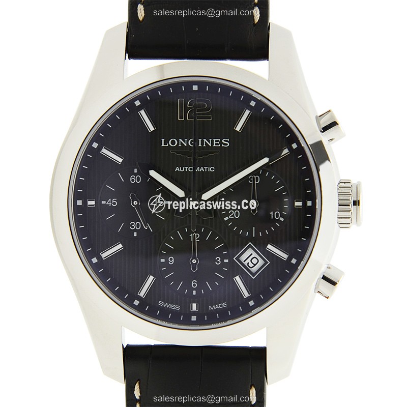Longines CONQUEST Replica - Automatic - Steel - Black Dial, Alligator Strap