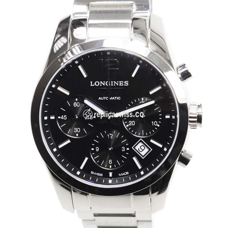 Longines CONQUEST CLASSIC Replica - Automatic - Steel Case, Black Dial - Silver Steel Strap - Luxury Replica CONQUEST CLASSIC Watch