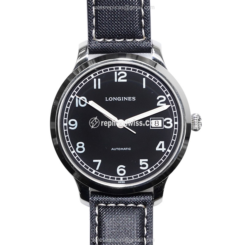 Longines Heritage Replica - Automatic - Stainless Steel - Black Dial - Black Fabric Strap