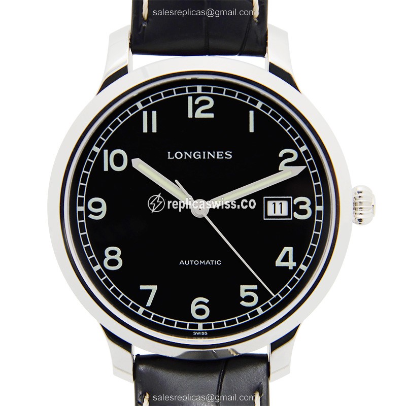 Longines Heritage Replica - Automatic - Black Dial - Steel Case - Alligator Black Strap - Luxury Replica HERITAGE Watch