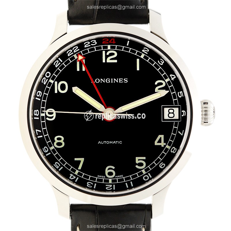 Longines Heritage Replica - Automatic - Stainless Steel - Black Dial, Alligator Strap - Luxury Replica HERITAGE Watch